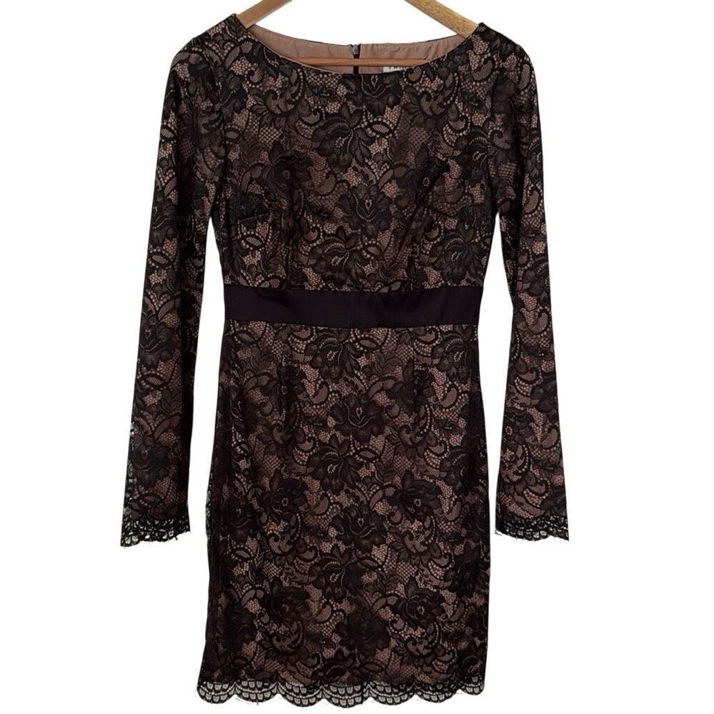 Trina Turk Dentelle Black Lace Dress Size 4 Long Sleeve Over Silk
